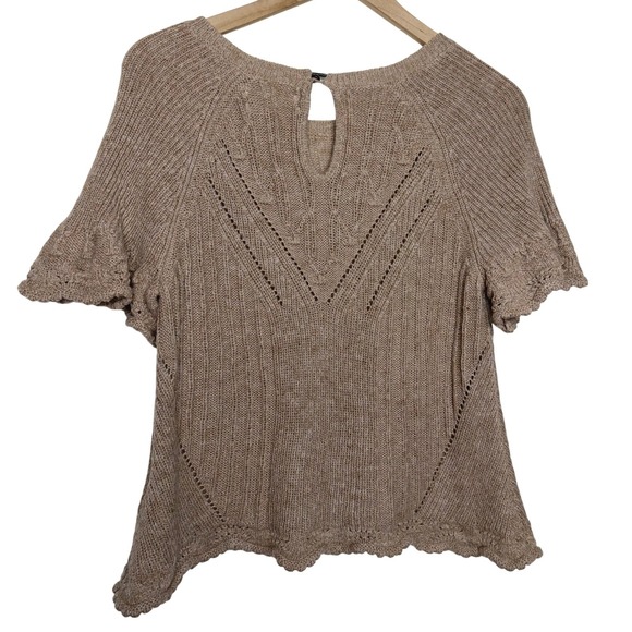 Anthropologie Taupe Brown Boho Cottagecore Knit Short Sleeve Scalloped Sweater L - Picture 7 of 10